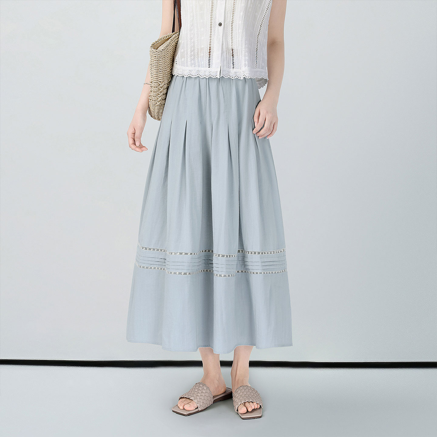 13659073.她池Tachi松紧腰半身裙2026夏装新款女装中长款蕾丝拼接宽松款A字裙T62Y4049B