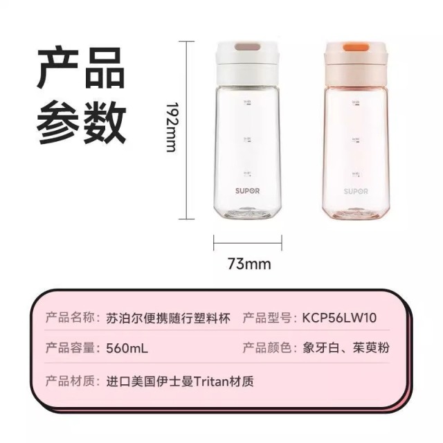12455093.苏泊尔 SUPOR水杯夏季大容量高颜值杯子新款便携学生耐高温运动塑料杯 560ML茱萸粉/KCP56LW10