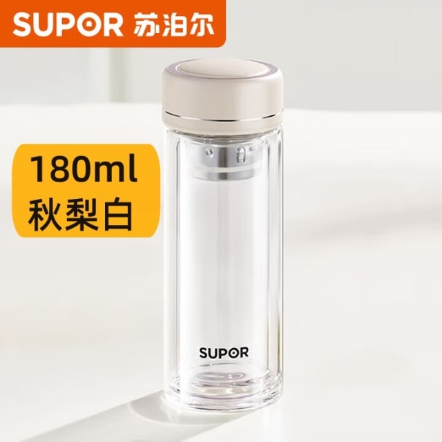 12459676.苏泊尔(SUPOR)玻璃杯纤巧系列水杯双层防烫便携女士泡茶杯高颜值花茶杯 KCG18BQ10秋梨白 180ml
