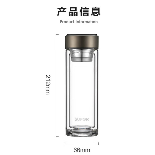 12505224.苏泊尔(SUPOR)玻璃杯简系列双层高硼硅耐热便携杯子男女士商务车载水杯 KC33GU10乌木黑330ML