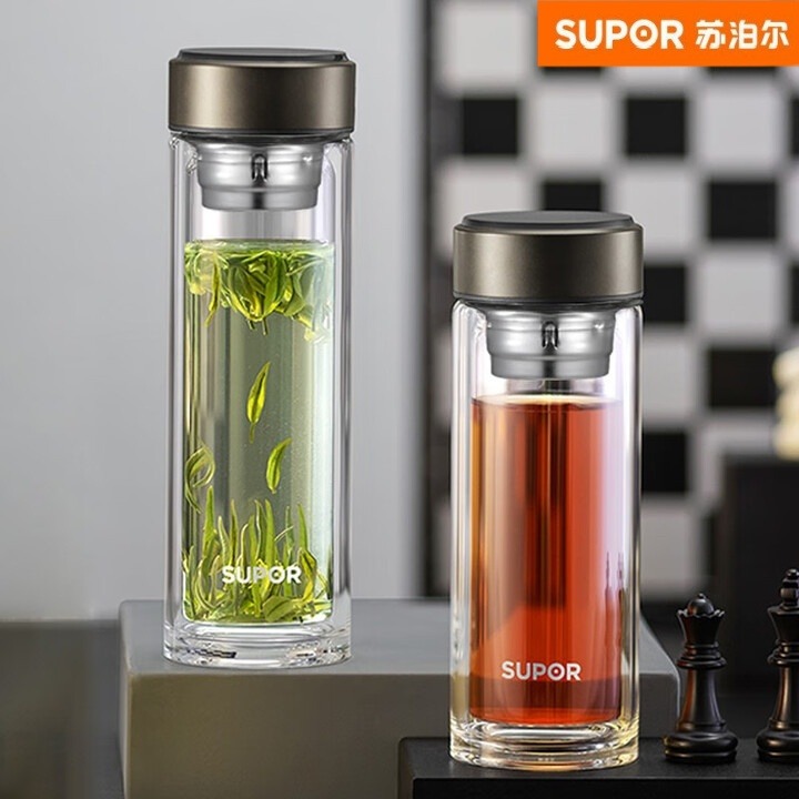 12505224.苏泊尔（SUPOR）玻璃杯简系列双层高硼硅耐热便携杯子男女士商务车载水杯 KC33GU10乌木黑330ML