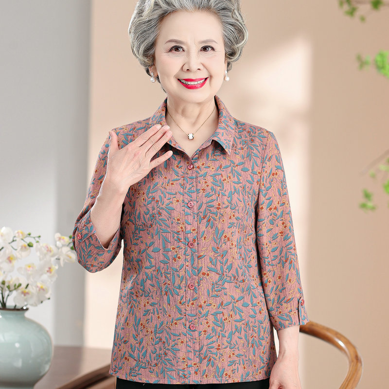 10579607.珍真羊 妈妈装夏季七分袖衬衫洋气宽松减龄衬衣女