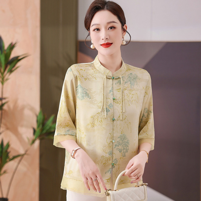 11708350.珍真羊 妈妈装夏季印花国风衬衫新中式百搭上衣女