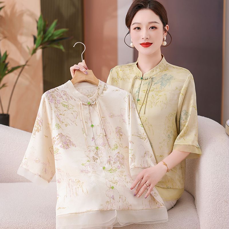 11708350.珍真羊 妈妈装夏季印花国风衬衫新中式百搭上衣女
