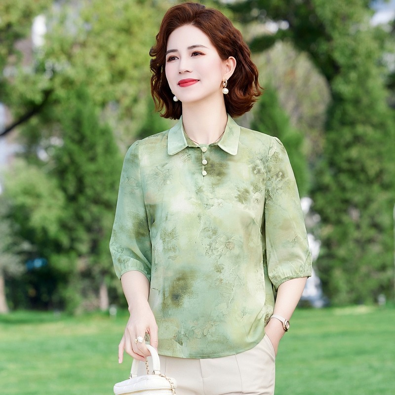 11750596.珍真羊 妈妈装春夏翻领T恤洋气宽松上衣女