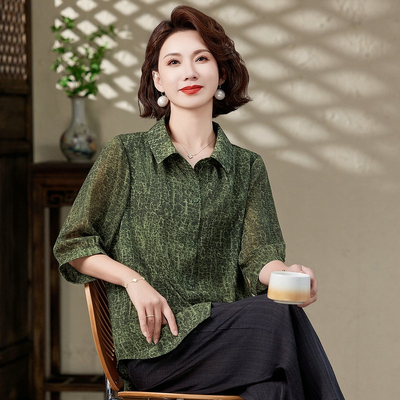 11783353.珍真羊 妈妈装夏季印花七分袖衬衫时尚宽松衬衣女