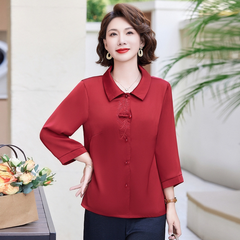 11884281.珍真羊 妈妈装夏季翻领衬衫洋气国风衬衣女
