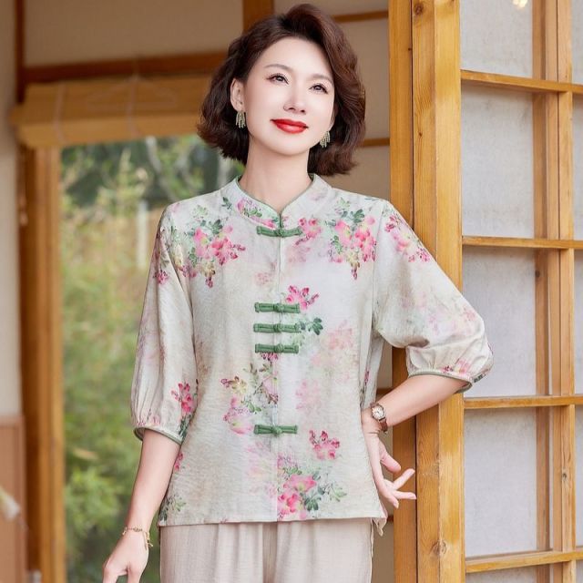 11903782.珍真羊 妈妈夏装新中式套装国风洋气盘扣两件套女