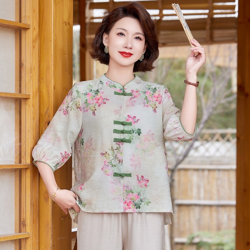 11903782.珍真羊 妈妈夏装新中式套装国风洋气盘扣两件套女