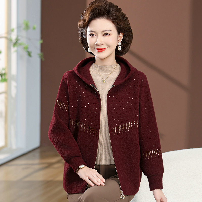 13173091.珍真羊 妈妈装春季连帽拉链针织开衫洋气宽松外套女