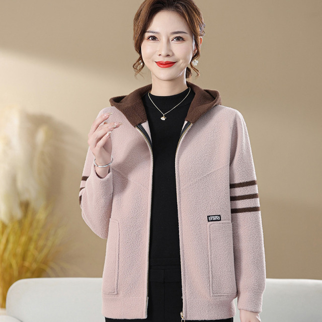 13174254.珍真羊 妈妈装春季连帽休闲开衫时尚百搭气质外套女