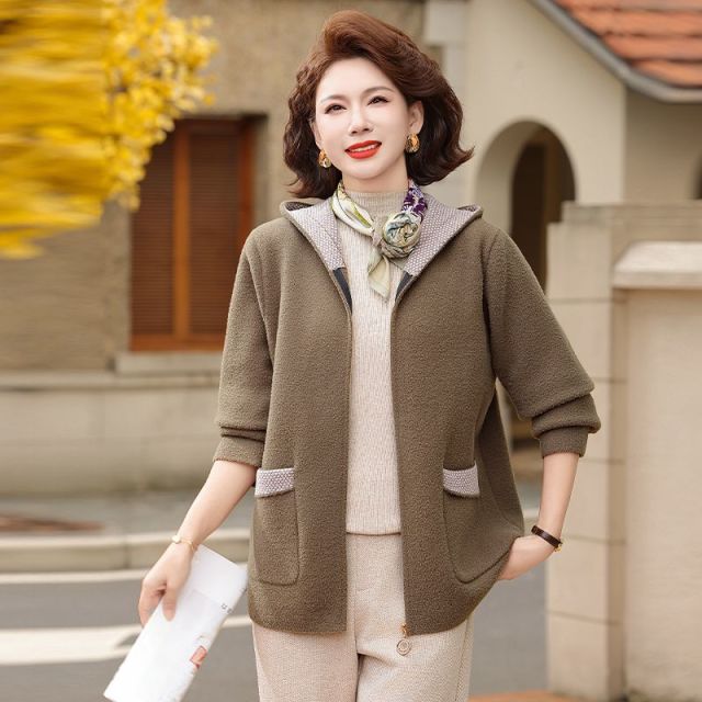 13174128.珍真羊 妈妈装春季连帽拉链开衫洋气宽松休闲外套女