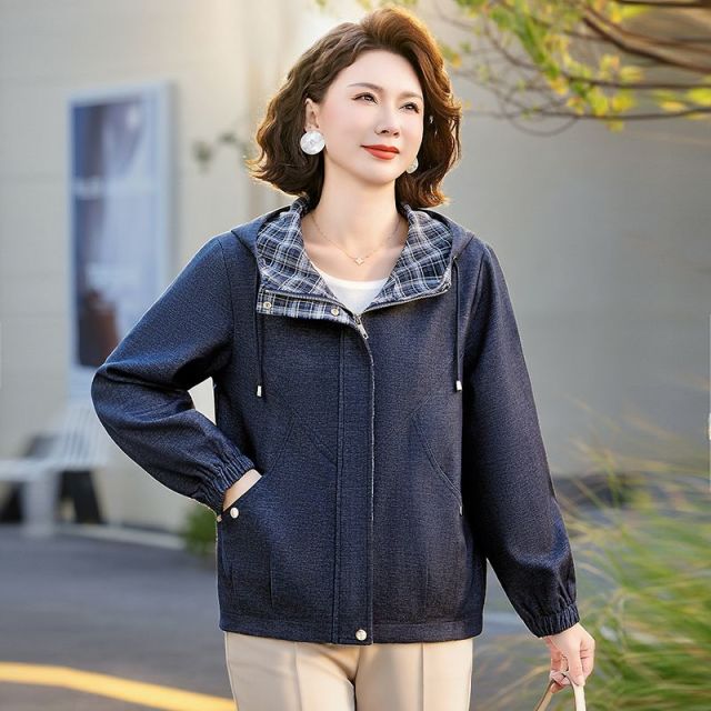 13176281.珍真羊 妈妈装春季格子印花连帽夹克洋气宽松休闲外套女