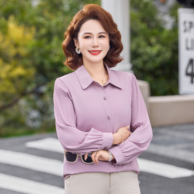 13203798.珍真羊 春季妈妈装翻领衬衫时尚百搭减龄衬衣女
