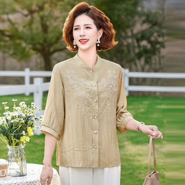 13264814.珍真羊 妈妈装春夏V领衬衫时尚宽松减龄上衣女