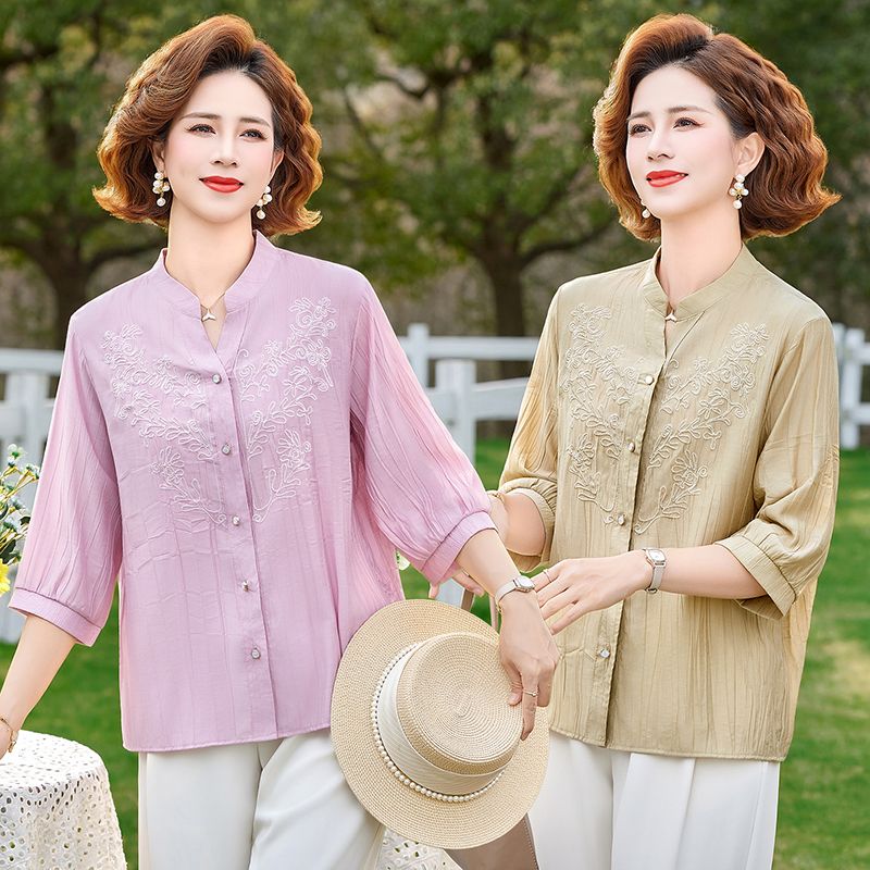 13264814.珍真羊 妈妈装春夏V领衬衫时尚宽松减龄上衣女
