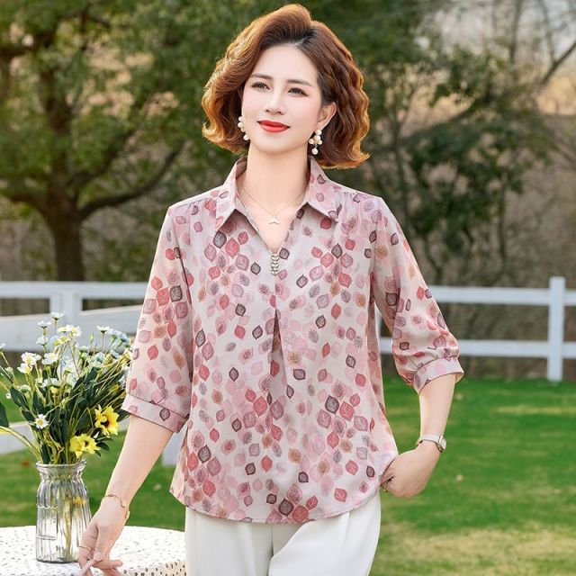 13265242.珍真羊 妈妈装春夏翻领印花T恤洋气宽松遮肚上衣女