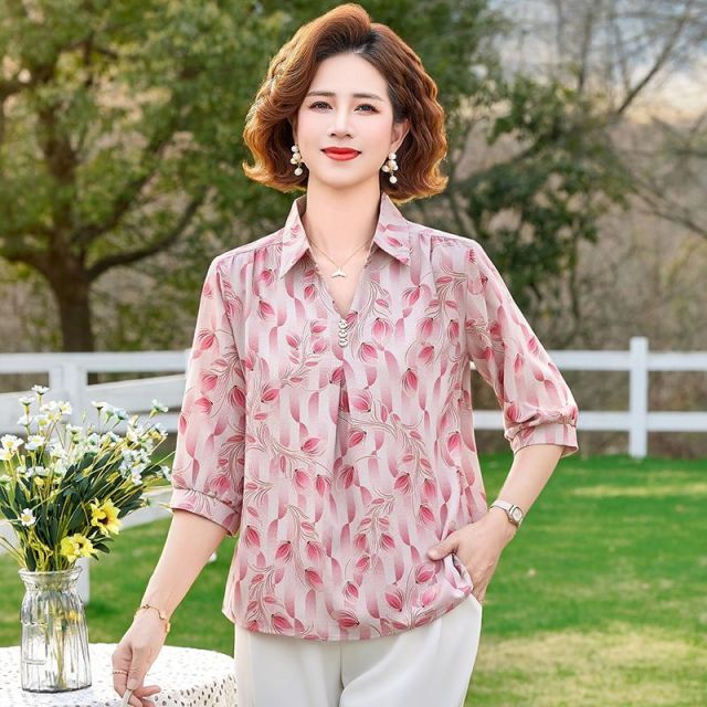 13264952.珍真羊 妈妈装春季翻领印花T恤时尚宽松百搭上衣女