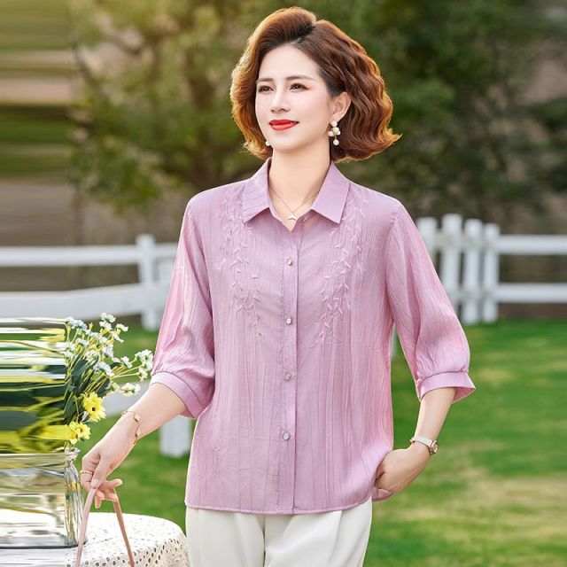 13264789.珍真羊 妈妈装春夏绣花衬衫洋气宽松遮肚上衣女