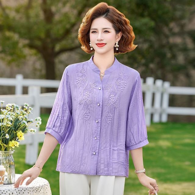 13264936.珍真羊 妈妈装绣花薄款衬衫夏季优雅减龄衬衣女