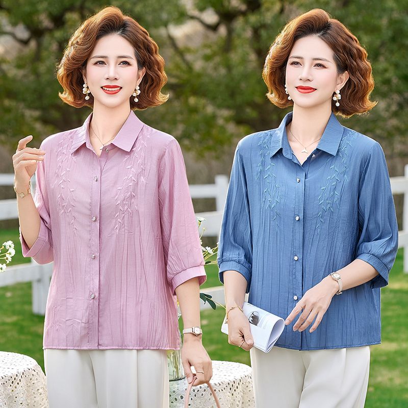 13264789.珍真羊 妈妈装春夏绣花衬衫洋气宽松遮肚上衣女