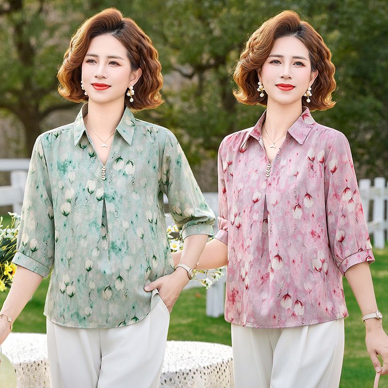 13263967.珍真羊 妈妈装夏季印花中袖上衣洋气薄款遮肚T恤女