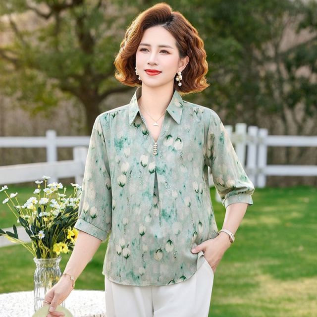 13263967.珍真羊 妈妈装夏季印花中袖上衣洋气薄款遮肚T恤女