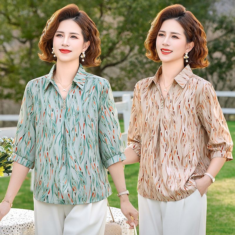 13265451.珍真羊 妈妈装春夏翻领印花上衣时尚宽松减龄T恤女