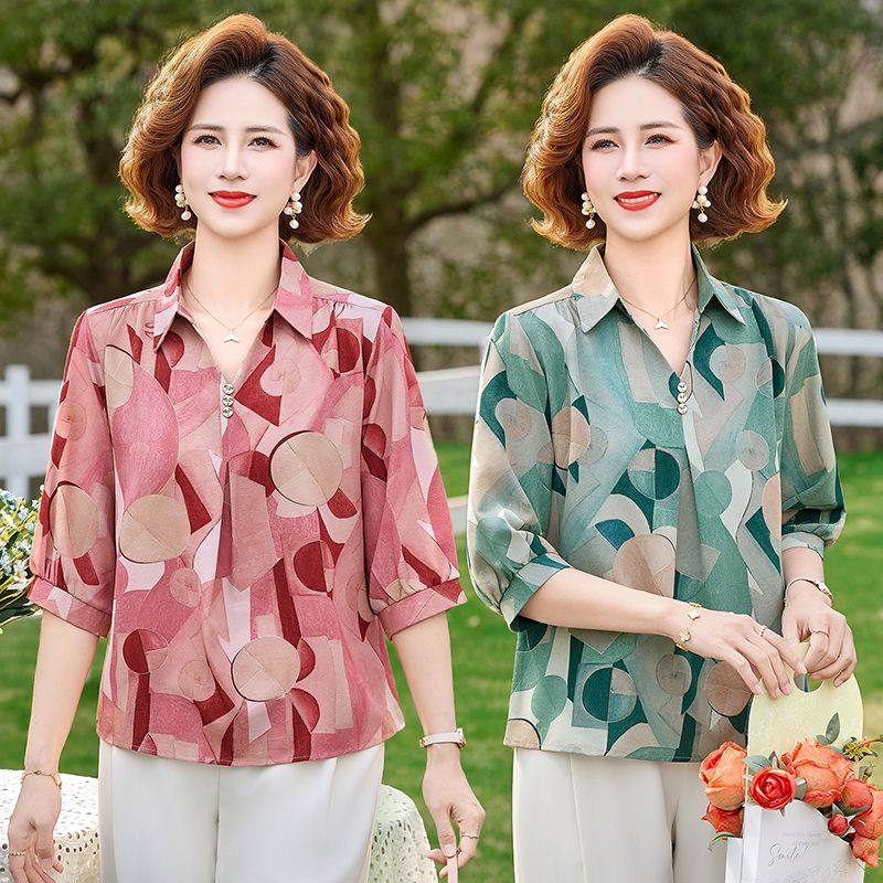 13265484.珍真羊 妈妈装春夏薄款中袖上衣时尚宽松减龄T恤女
