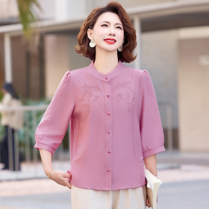 13266725.珍真羊 妈妈装夏季绣花衬衫洋气宽松遮肚衬衣女