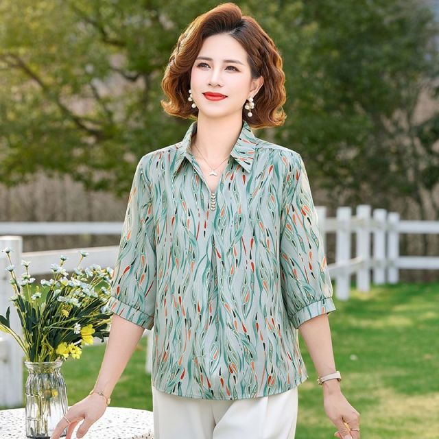13265451.珍真羊 妈妈装春夏翻领印花上衣时尚宽松减龄T恤女