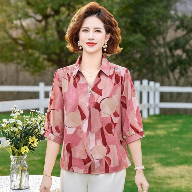13265484.珍真羊 妈妈装春夏薄款中袖上衣时尚宽松减龄T恤女