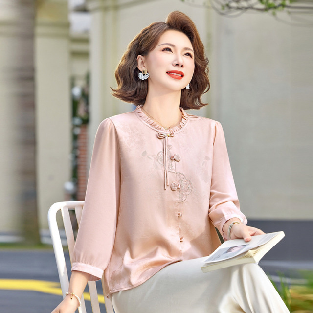 13266342.珍真羊 妈妈装春夏国风盘扣衬衫时尚宽松衬衣女