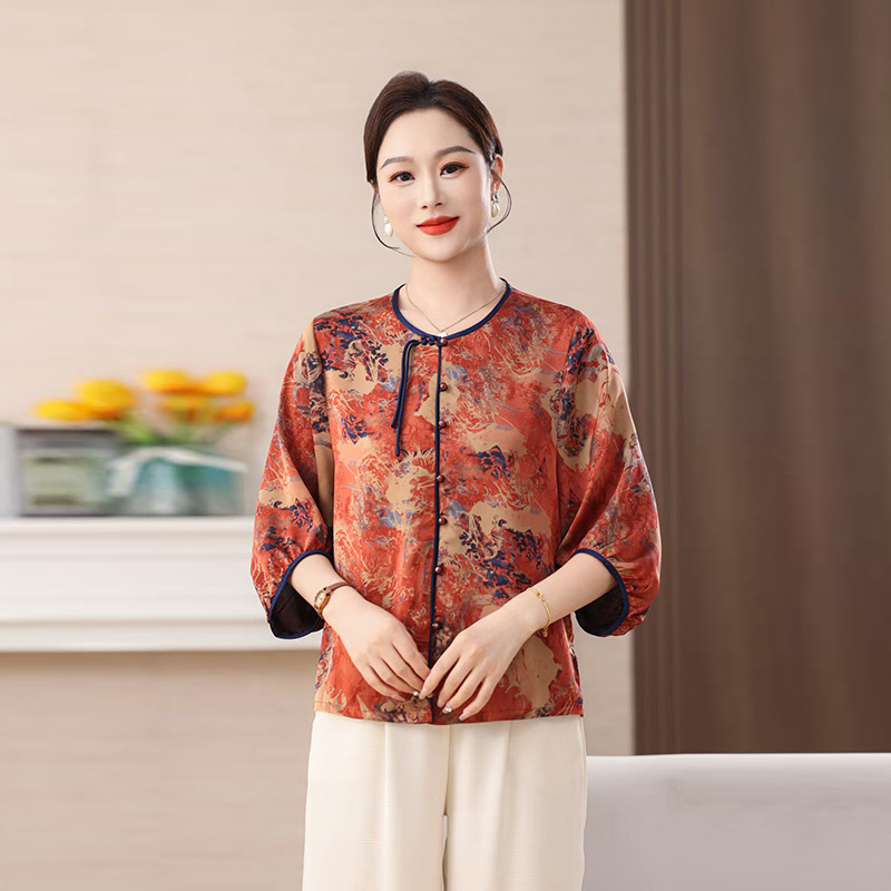 13286461.珍真羊 妈妈装新中式国风印花衬衫洋气宽松上衣女