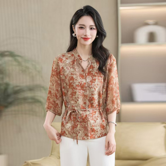 13286510.珍真羊 妈妈装夏季雪纺小衫收腰系带T恤女