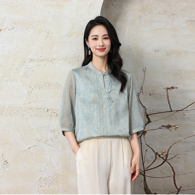 13286390.珍真羊 妈妈装夏季雪纺小衫国风时尚T恤女