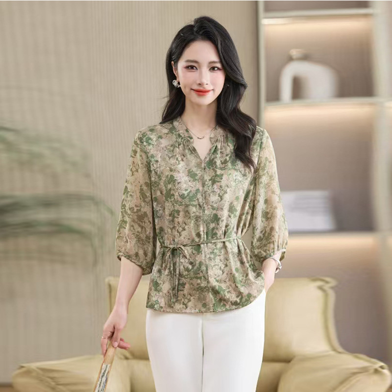 13286510.珍真羊 妈妈装夏季雪纺小衫收腰系带T恤女