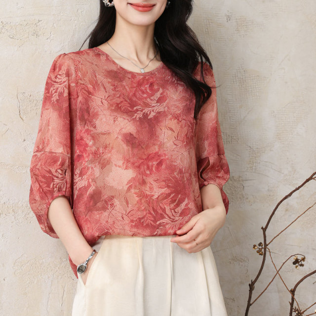 13273591.珍真羊 妈妈装夏季雪纺印花T恤时尚减龄上衣女