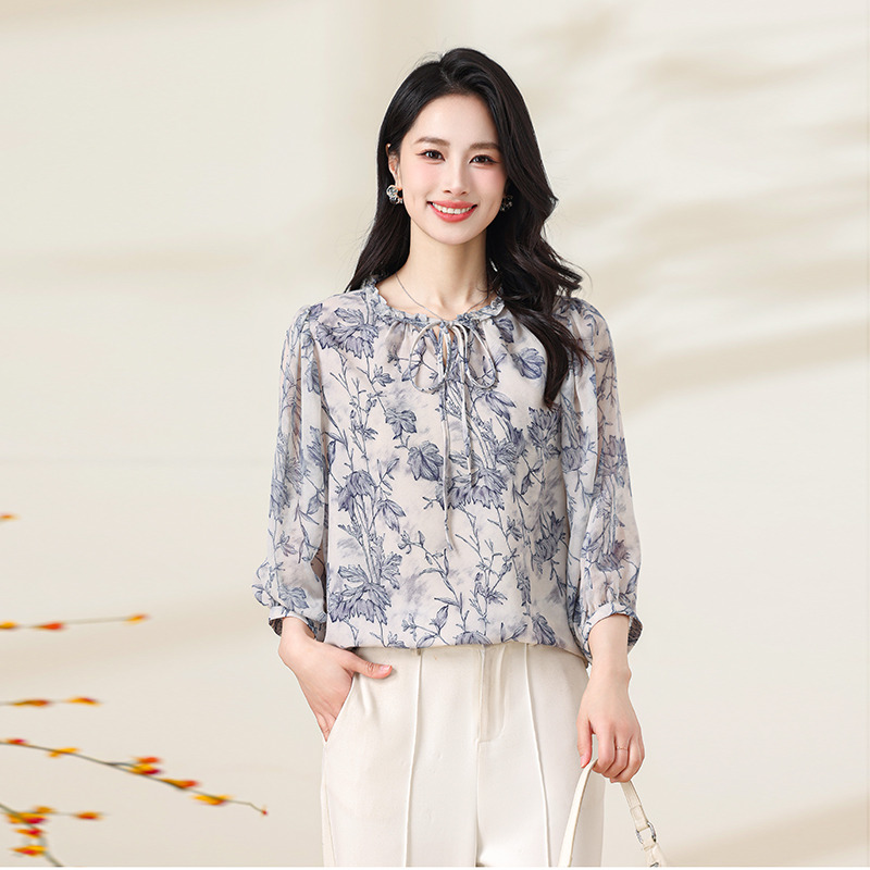 13275912.珍真羊 妈妈装夏季印花系带T恤时尚薄款雪纺小衫女