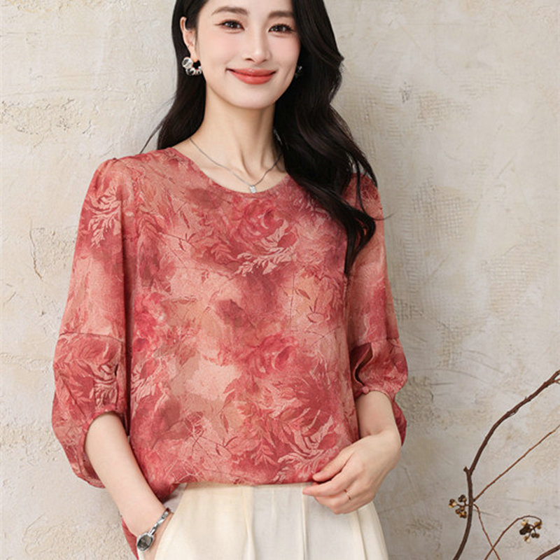 13273591.珍真羊 妈妈装夏季雪纺印花T恤时尚减龄上衣女