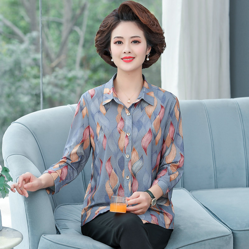 13290822.珍真羊 妈妈装夏季印花七分袖衬衫时尚宽松百搭上衣女