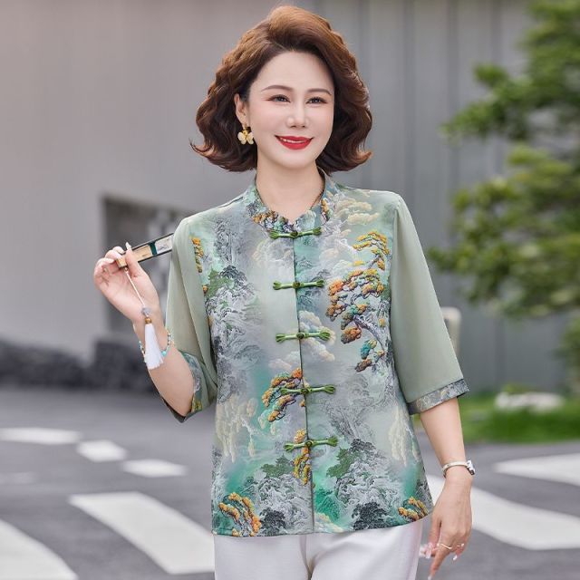 13294238.珍真羊 妈妈装国风印花盘扣衬衫中袖减龄衬衣女
