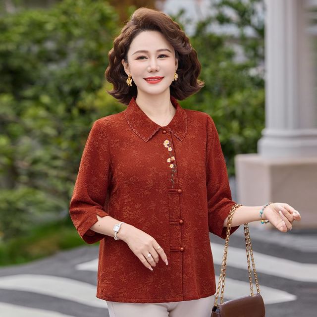 13294497.珍真羊 妈妈装翻领七分袖衬衫国风时尚外搭上衣女
