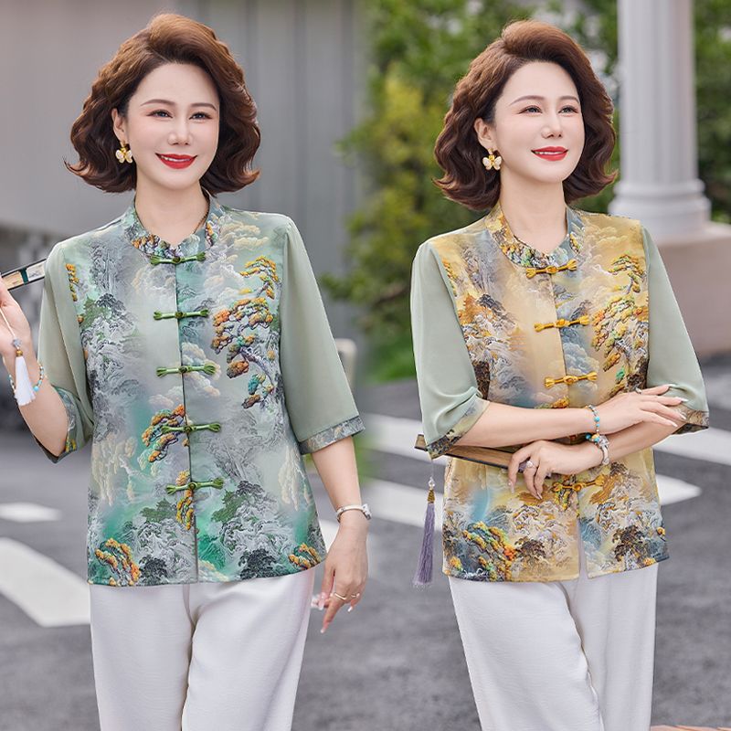 13294238.珍真羊 妈妈装国风印花盘扣衬衫中袖减龄衬衣女