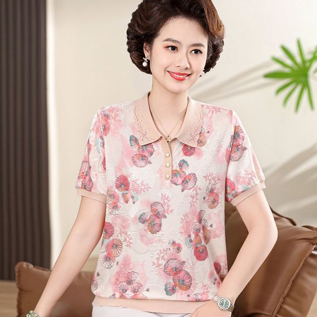 13297798.珍真羊 妈妈装翻领印花上衣洋气宽松短袖T恤女