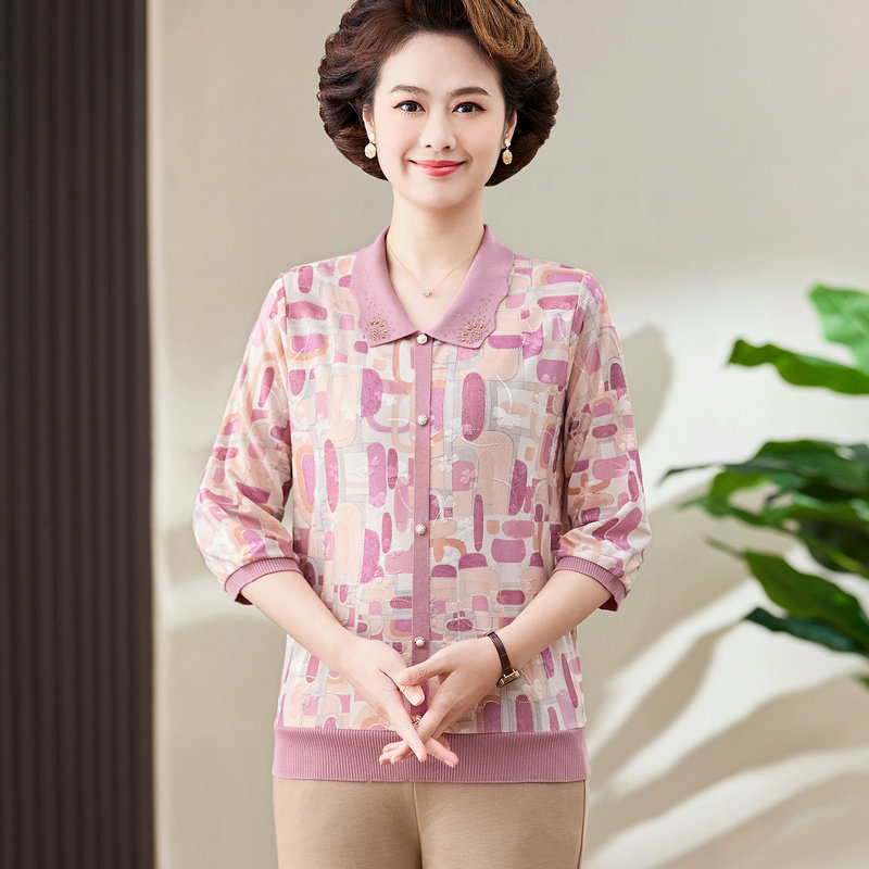 13297336.珍真羊 妈妈装夏季七分袖上衣洋气印花T恤女
