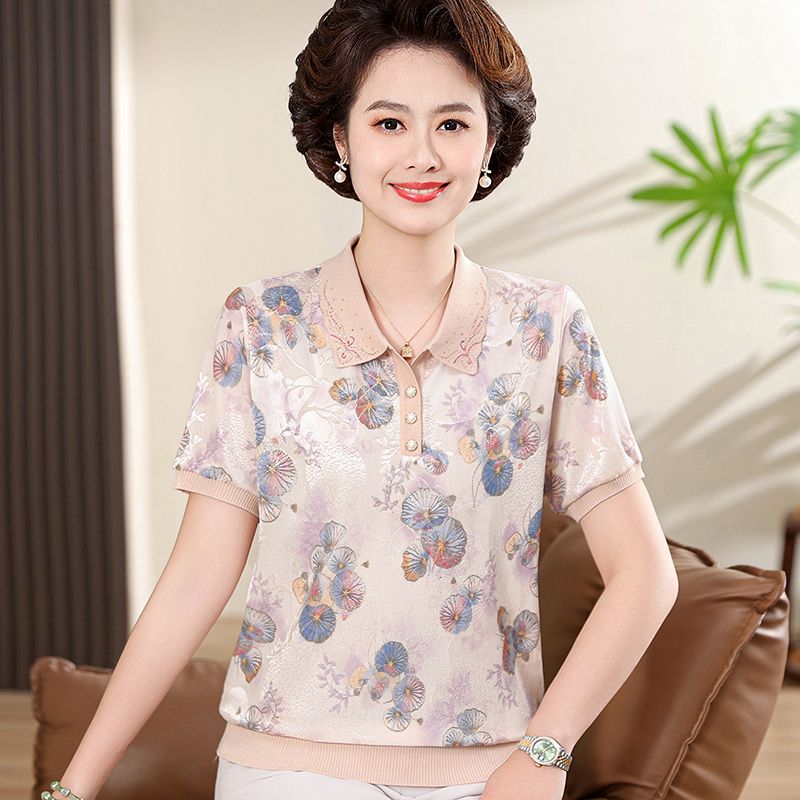13297798.珍真羊 妈妈装翻领印花上衣洋气宽松短袖T恤女