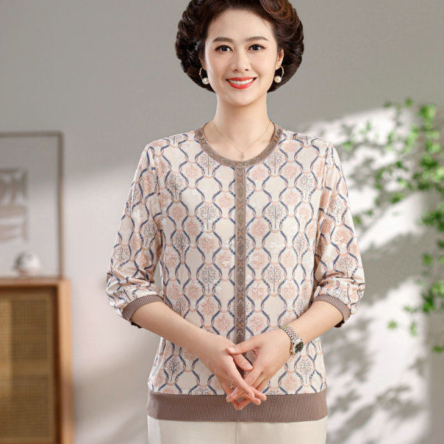13298198.珍真羊 妈妈装夏季圆领七分袖上衣洋气宽松T恤女