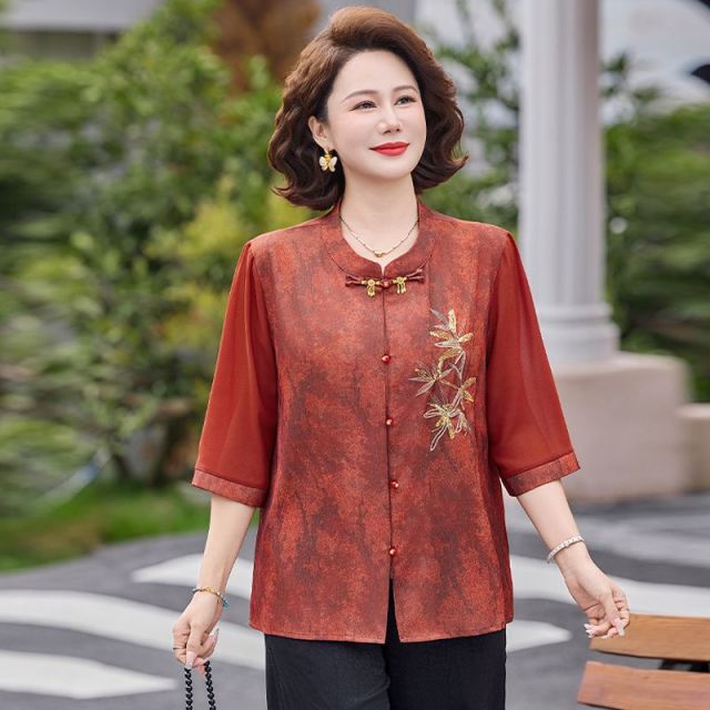 13299074.珍真羊 妈妈春夏雪纺衫女中袖衬衫百搭洋气T恤上衣