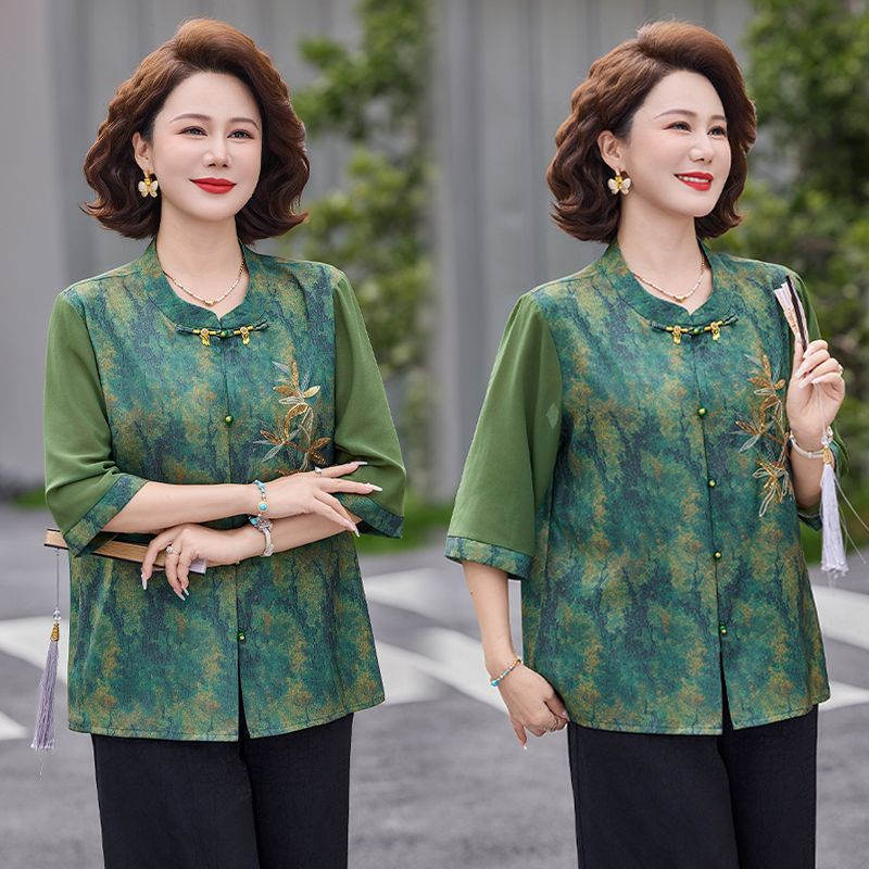 13299074.珍真羊 妈妈春夏雪纺衫女中袖衬衫百搭洋气T恤上衣